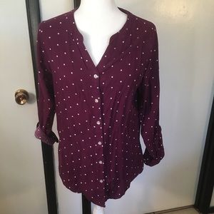 Purple tunic button down polka dot shirt